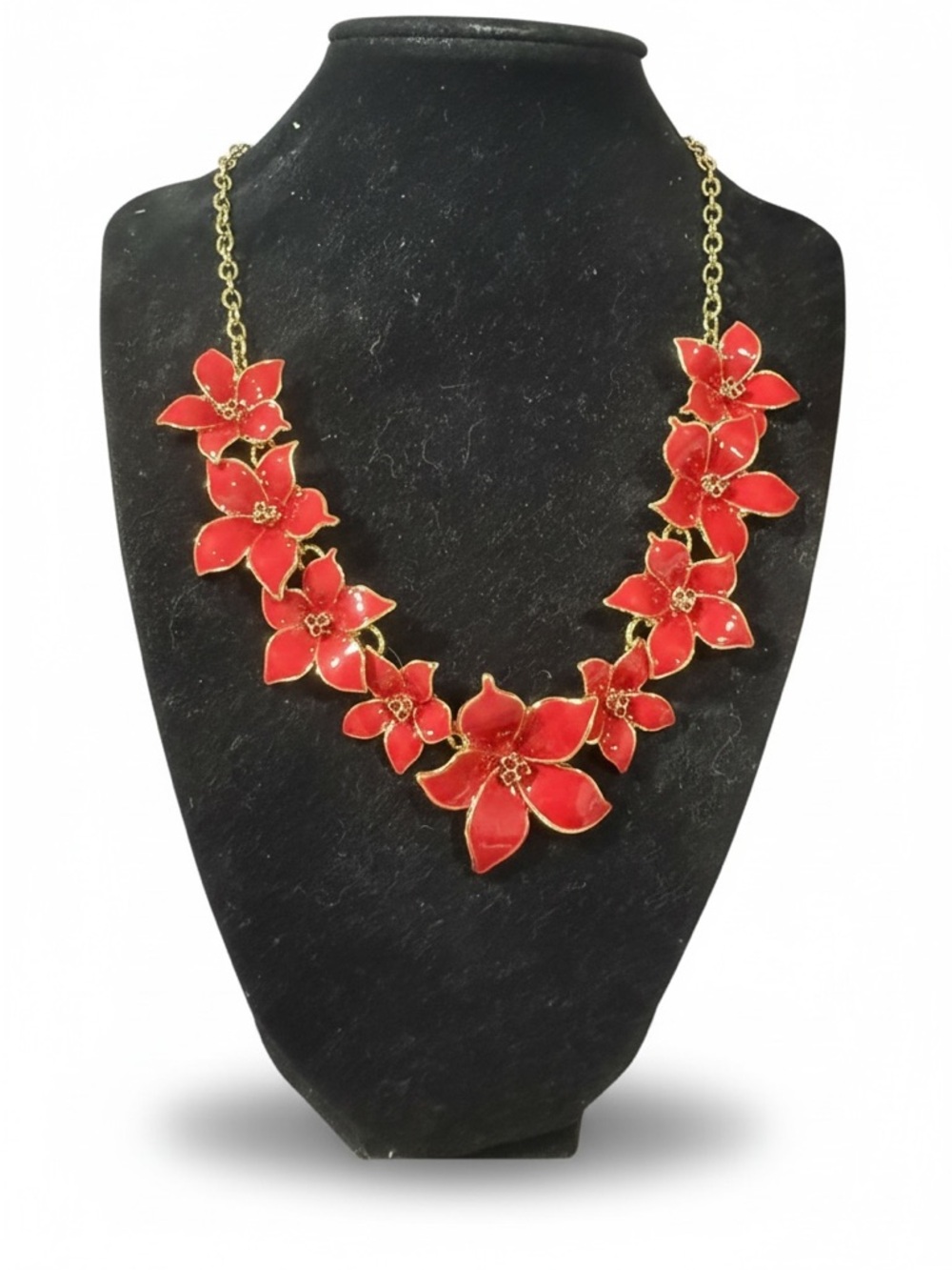 🔻Talbots Red Enamel Poinsettia Floral Statement Necklace NWT